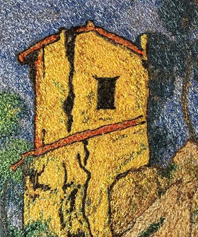 Thread Sketching in Action | Interpretation in stitch-Cézanne The House with Cracked Walls-detaial-reproduced with permission | Deborah Wirsu | Thread sketching and thread painting tutorials, book, online classes