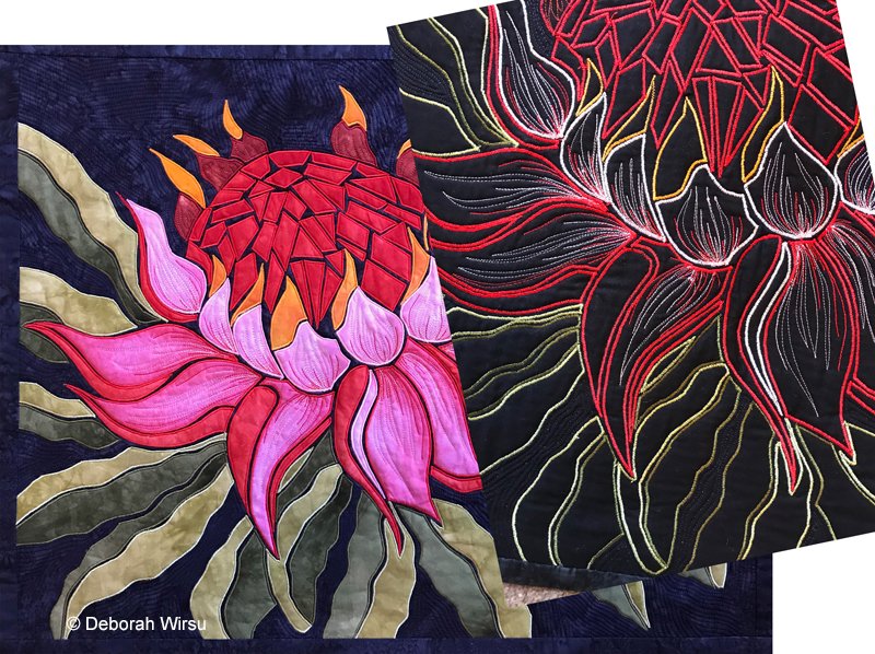 Image showing back and front of Deborah Wirsu's art quilt 'Waratah Dancer'