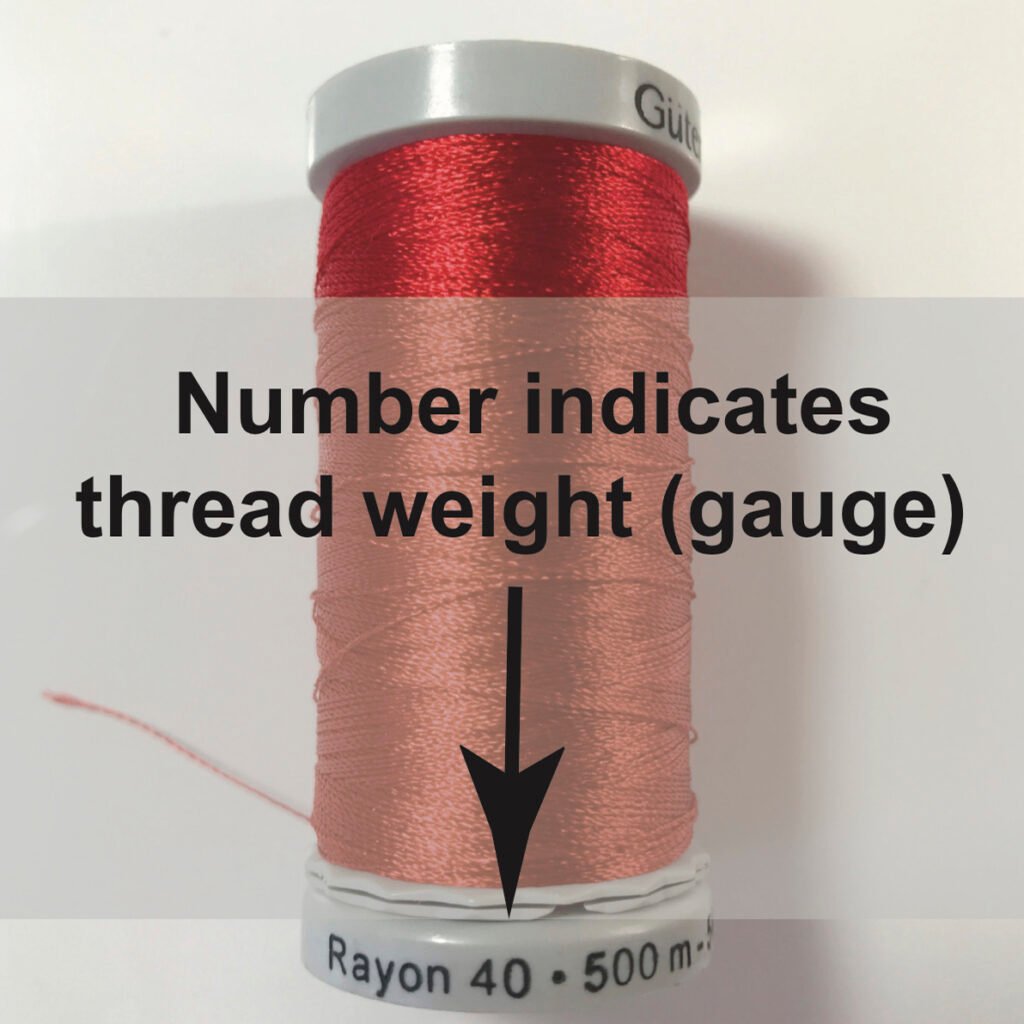 The weight (or gauge) of a thread is indicated by the number on the spool