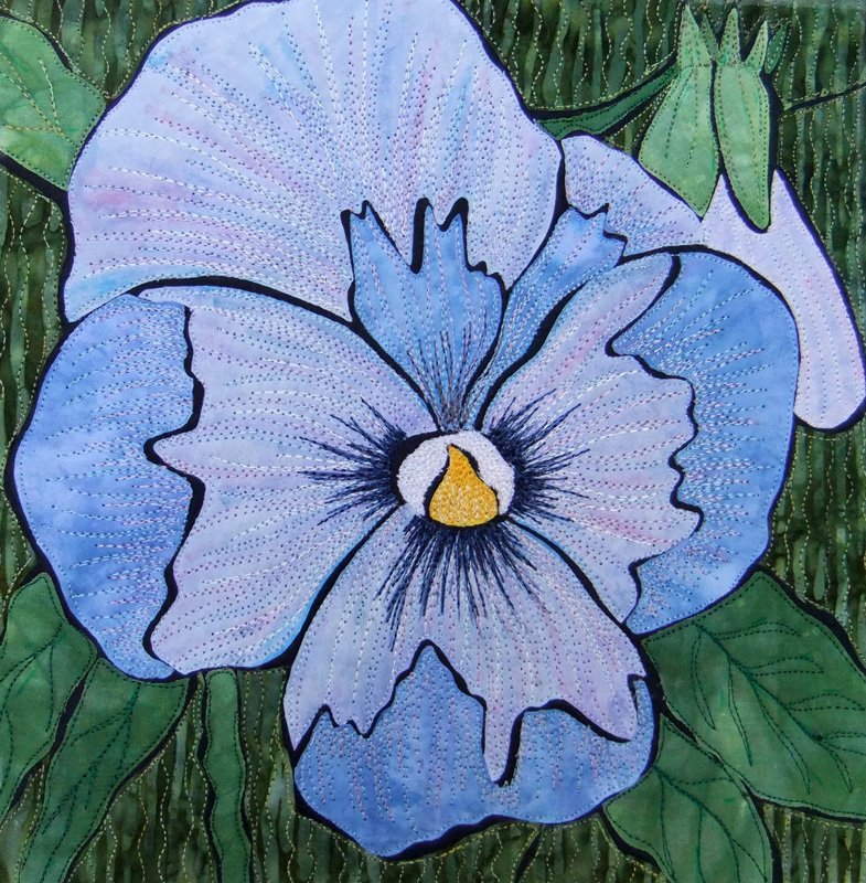 Think thread painting is hard? Try this. Blue Pansy small appliqué art quilt with simple free motion straight stitch embellishment. Deborah Wirsu.