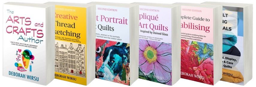 A selection of reference books for free motion stitching, art quilting, thread sketching and thread painting by Deborah Wirsu.