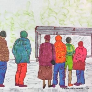 Thread Sketching in Action No 88 - Chill Wind at an Urban Bus Stop | Deborah Wirsu | ThreadSketchingInAction.com