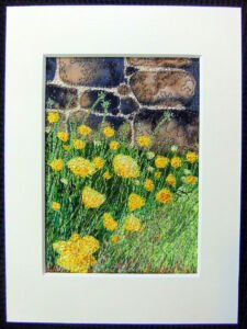 Buttercups in a country churchyard - Layered art quilt with free motion stitching - Deborah Wirsu - Thread Sketching in Action